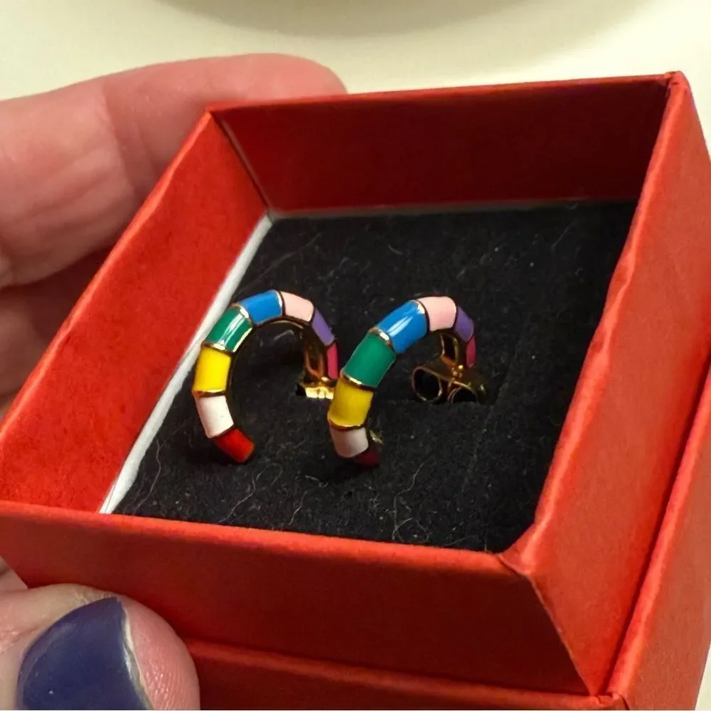 Multicolor Ceramic Mini Hoop Huggie Earring Colorblock Design NIB 18kgold plate